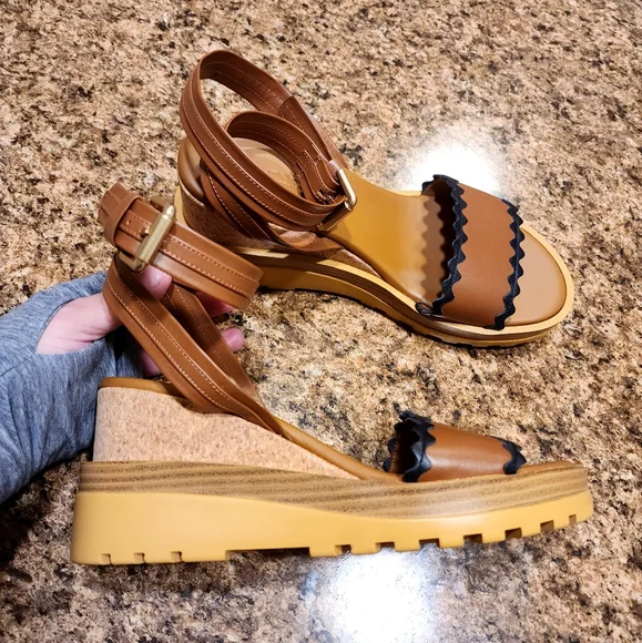 SEE BY CHLOÉ "Robin" Wedge Platform w/Ankle Strap - Tan/Brown/Black - Size 38/8 - Picture 2 of 12